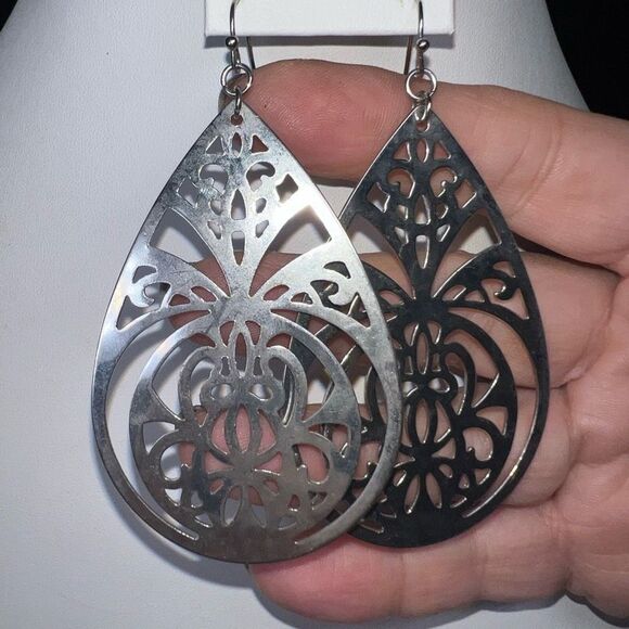 Stainless Steel Large Filigree Teardrop Earrings - Picture 3 of 8